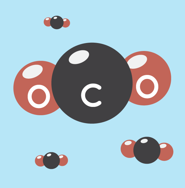 This graphic illustrates the elements that make up a carbon dioxide molecule: one carbon atom and two oxygen atoms.