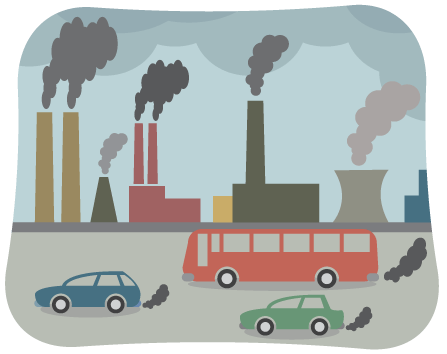 Illustration of smoke stacks and vehicles releasing smoke into the air.