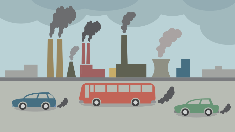 Illustration of cars and buildings with smoke stacks giving off smoke.