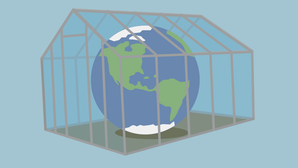 Illustration of the Earth inside a greenhouse.
