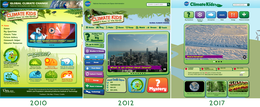 Snapshots of the NASA Climate Kids website throughout the years.