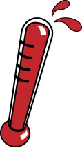 Cartoon thermometer, with red mercury shooting out of the top.