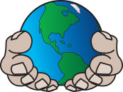 Cartoon of Planet Earth heald in two cupped human hands.