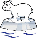 Cartoon polar bear stands on small chunk of ice.