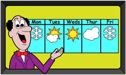 Cartoon weatherman giving forecast for the next five days.