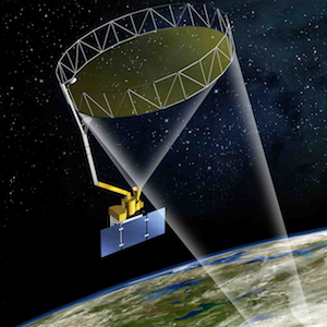 An illustration of the SMAP satellite over Earth.