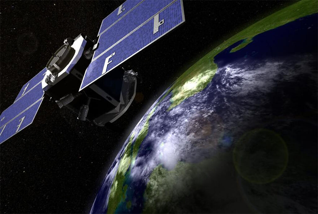 An artist’s illustration of NASA’s CloudSat spacecraft above the Earth.