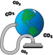 Cartoon Earth with vacuum clear hose sucking up CO2 molecules.