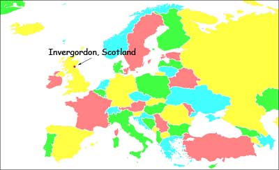 Simple map of Europe, only text label is Invergordon, Scotland.