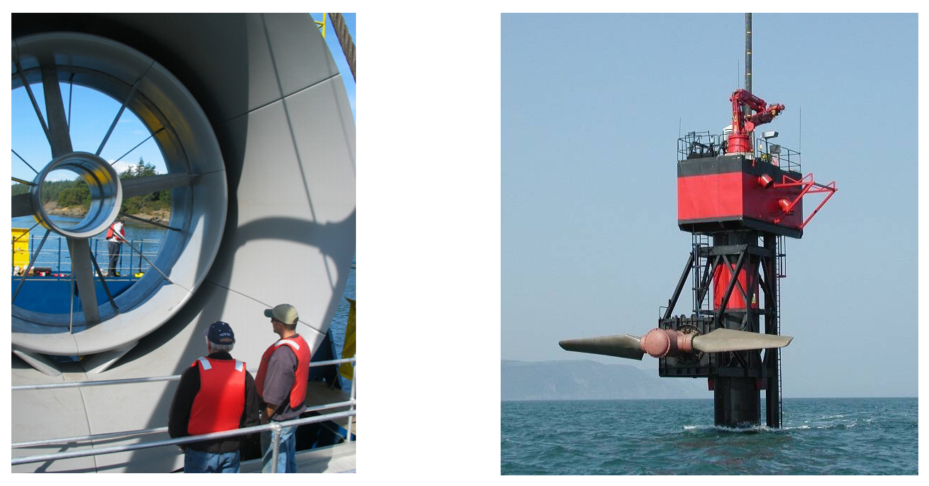 Two photos of tidal turbines.