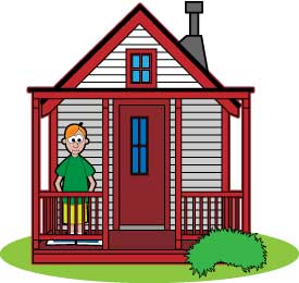 Cartoon of playhouse, with boy looking out window.