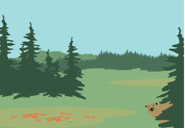 An illustration of coniferous trees in the wilderness.