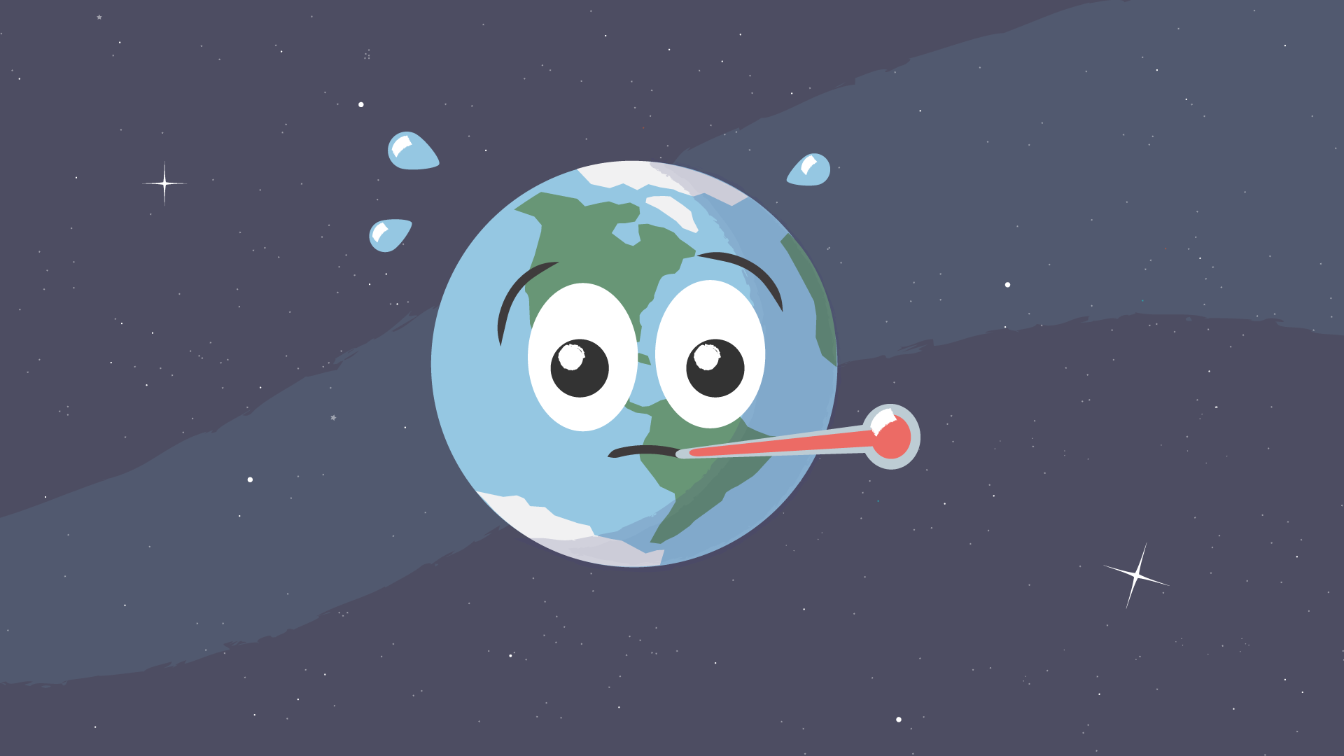 A cartoon Earth has a thermometer in its mouth reading a high temperature. The Earth shows North and South America in green with a light blue ocean and white snow and ice-covered poles. There are white and black cartoon eyes, black-line cartoon eyebrows, and a black-line cartoon mouth, making a concerned face. The thermometer is clear colored, is a long stick with a round ball at the end, and is colored in red inside. Three light blue water droplets are off the top of the Earth to show sweat. The blue background has white stars in it.