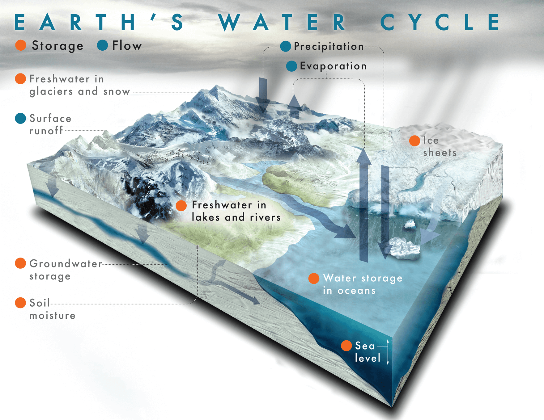 An illustration of the water cycle showing how water travels from rivers and streams to clouds to snow and back again