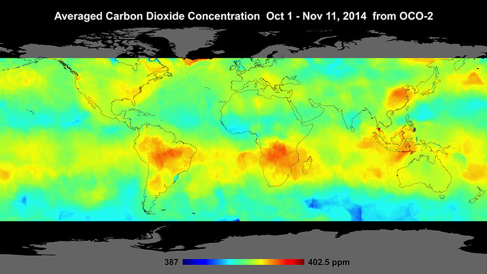 Map of the world with red areas that indicate spots with high levels of carbon dioxide in the atmosphere.