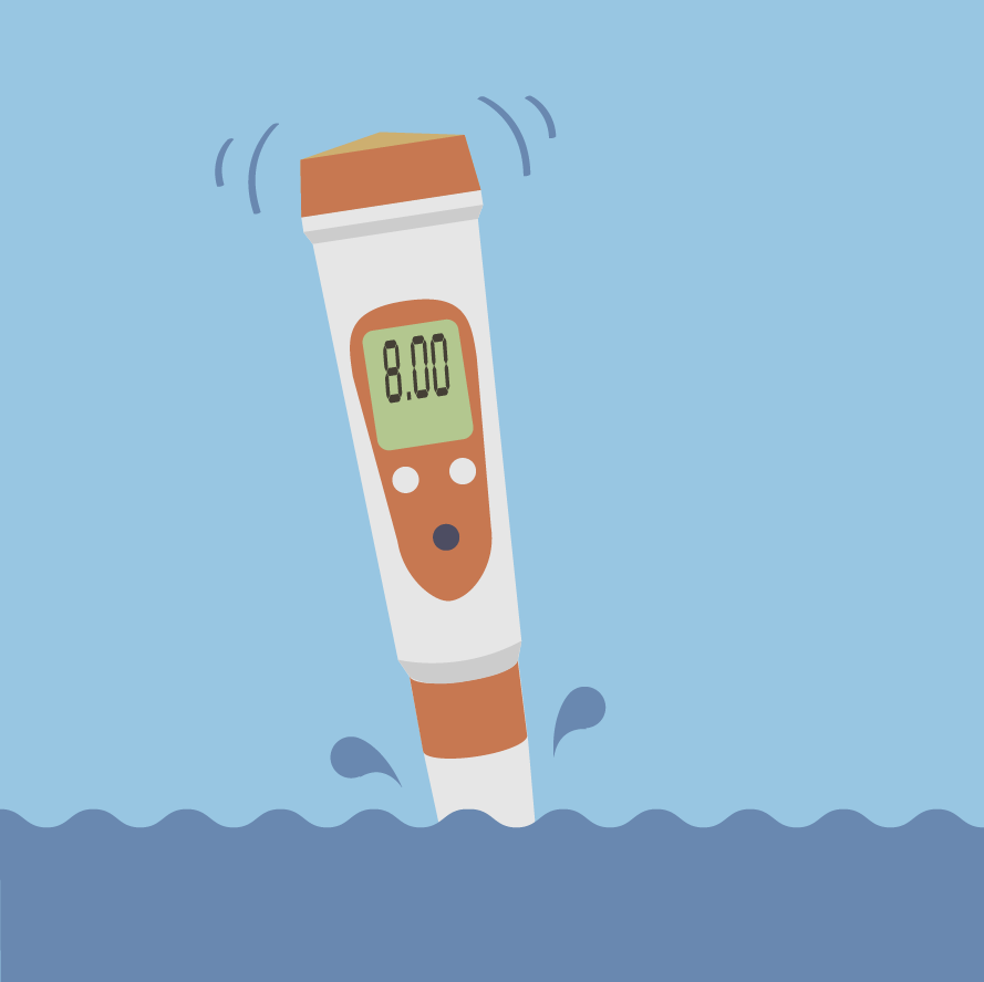 Illustration of a pH meter dipping into the ocean.