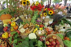 Table loaded with a bounty of fruits, vegetables, and flowers.