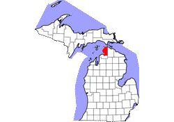 Map of Michigan show in red the area of Emmet County.