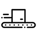 Black and white icon of a conveyore built moving a box from left to right.