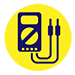 Yellow circle containing an illustration of electical testing equipment.