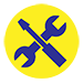 Yellow circle containing an illustration of a wrench and screwdriver.