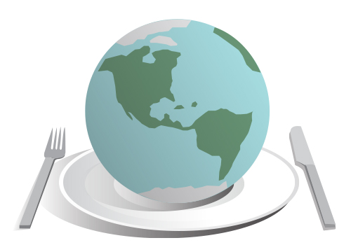 An illustration of Earth on a plate with silverware.