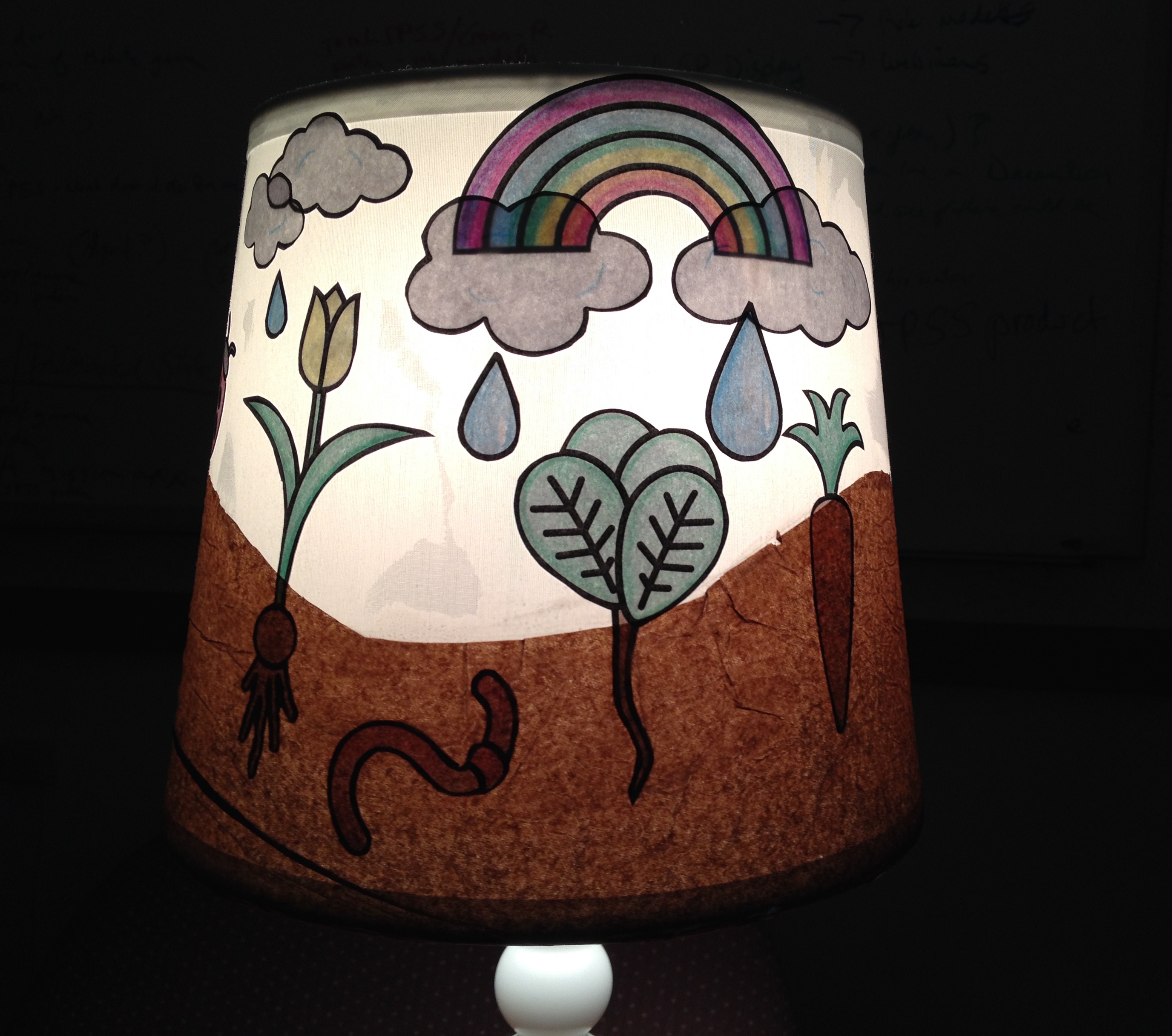 The garden lampshade in the dark; you can see into the soil!