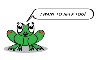 the cartoon frog says, I want to help too!