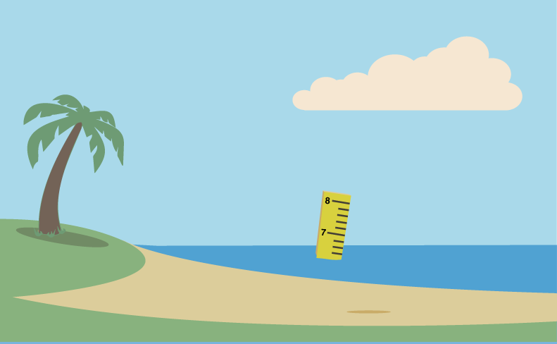 There is a yellow ruler showing the numbers 7 and 8 next to black lines in blue water near a shoreline. There is a palm tree on a green ground and next to the tan beach shore. The palm tree has green leaves and a brown tree trunk. There is a gray shadow between the tree. The sand of the beach makes a half circle at the left side of the green ground and then creates a curved line that slopes down from the left to the right around the water. There is a light blue sky with one white, puffy cloud.