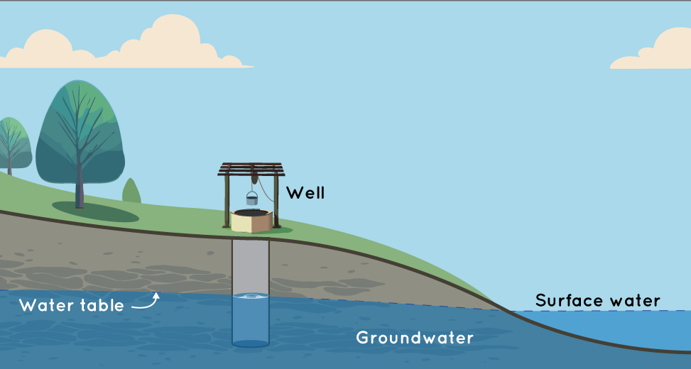The illustration shows what a well looks like above and below ground. Above the ground, on the left are two green trees with brown trunks. The closest tree has a gray shadow on the ground. The ground itself is green and goes in a wave from being higher above the sea level to meeting it on the right side of the image. Above and below ground is divided with a thick, wavy brown line. Below ground are gray colors and some long ovals for rocks. About halfway down in the ground, there is a straight line that equals the height of the water above ground on the coast. The line where the underground water is labeled water table. The color changes to blue below this line and is labeled groundwater. The well is in the middle of the image. Above ground, the well is shown as a circle that is tan around the outside and dark brown in the middle to show darkness. There is a silver bucket above the dark brown circle that is attached to a brown, wood-like rectangular structure. Below ground is a rectangular cut-out with smooth gray that goes deep enough to be filled in part by groundwater. The sky is a light blue and there are three white puffy clouds in it.