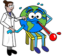 Cartoon doctor listen to heart with stethoscope and checking pulse and temperature of patient Earth.