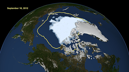 Satellite view of Arctic Ocean, sept. 2012, showing sea ice, with yellow outline showing average over last 30 years.