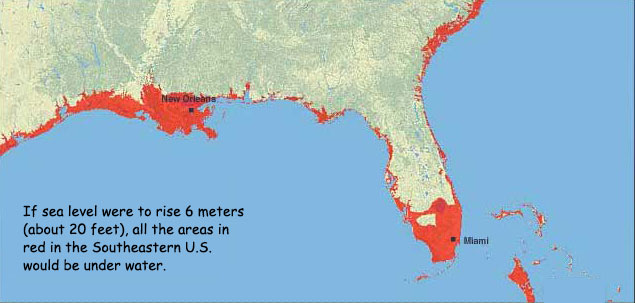 Map of southeastern U.S. shows areas in red that would be under water if sea level rose 6 meters or 20 feet. Much of the coastline, and all of southern Florida are colored red.