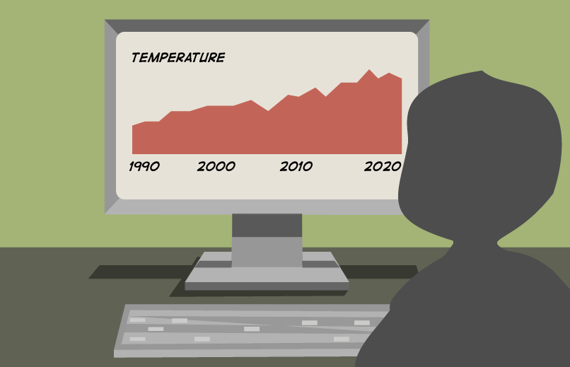 A child is looking at a computer screen in this illustration. The child is shown as a shadowed outline on the right side of the illustration. The middle of the illustration shows a gray, rectangular computer screen. On the screen is a red graph that has a spiky line going up from the bottom left to top right of the screen. The graph is filled in red below the spiky line. At the top left of the screen is the word temperature. Below the graph are the numbers 1990, 2000, 2010, and 2020. The screen itself is attached to a smaller, gray rectangular base that forms an upside down T shape. There is a gray rectangle in front of the screen that is the keyboard for the computer. Both the screen and keyboard are on a dark gray table. There is a light green background behind the screen and table.