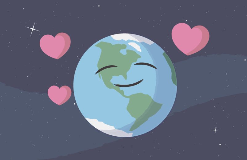 An illustration of Earth smiling with pink hearts around it. Earth has green landmasses for North and South America, white ice covering Antarctica, Greenland, and the Arctic sea, and light blue ocean water. There are two black curved lines for closed, happy eyes, and another black curved line for a smiling mouth. There are three link pink hearts around Earth, with two smaller hearts on the left and one larger heart on the right. The background is a navy blue color with a slightly lighter colored blue wave through the middle from the lower left to the middle right and behind Earth. There are also some small white dots and crosses in the background for stars.
