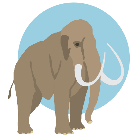 Illustration of a brown mammoth with a light blue circle behind it.