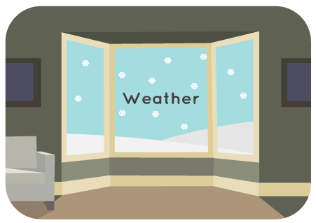 Illustration of snow falling outside a window.