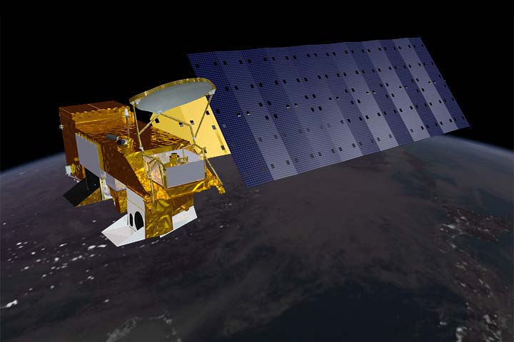 The Aqua spacecraft above Earth and sea ice.