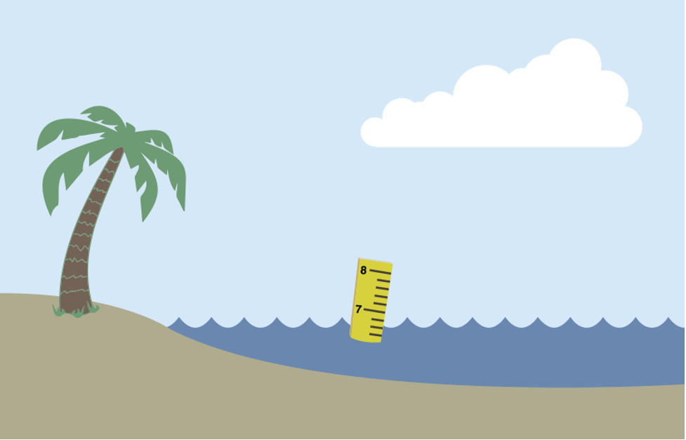 Cartoon of a beach with a palm tree next to the ocean with a ruler sticking out of the water under a mostly clear sky.
