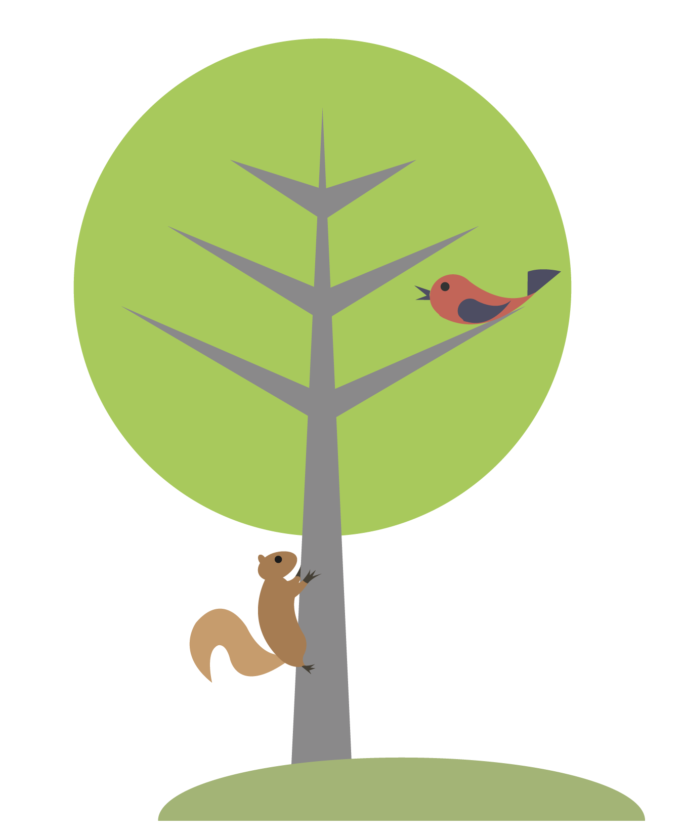 A squirrel and a bird enjoying a tree.