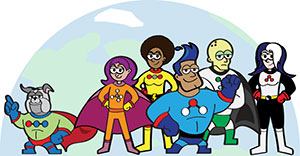 cartoon of various superheroes.