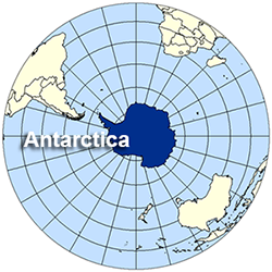 Map looking down at south Pole, labeled Antarctica.