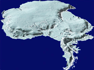 Three-D topographical image of Antarctica showing high elevations and mountains.