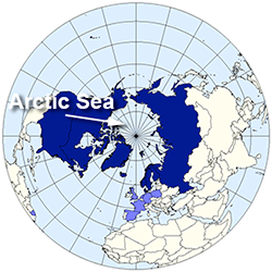 Map looking down at North Pole, labeled with Arctic Sea.