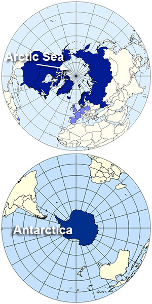 These images are aerial maps, showing where the Arctic and Antarctic are located on the globe. The top image depicts and labels the Arctic Sea. It emphasizes the Arctic land mass (North Pole) around the Arctic Sea using a dark blue color, whereas the surrounding land masses are a pale yellow-white color. The bottom image depicts and labels Antarctica, or the South Pole. Antarctica's land mass is also emphasized using a dark blue color.