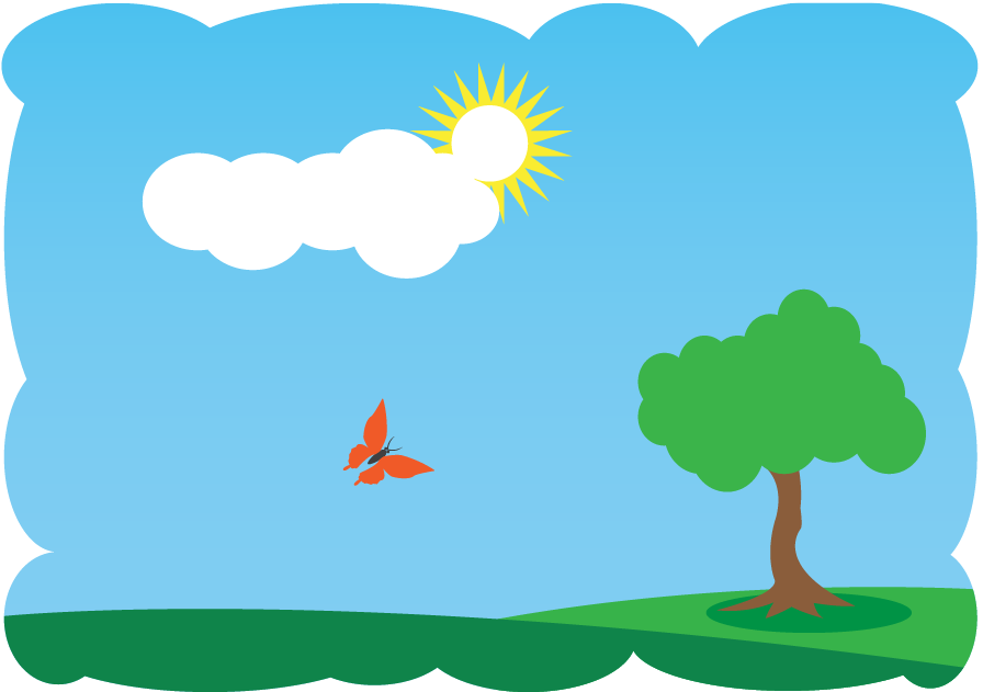 an illustration of nature with clouds, a tree, and a butterfly