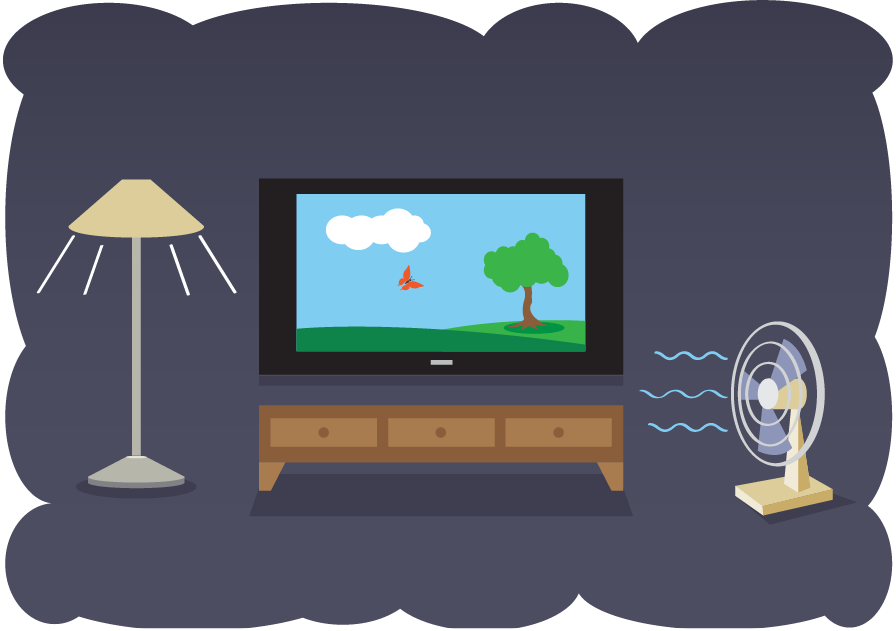 an illustration of a living room with a lamp, the TV turned on, and a fan
