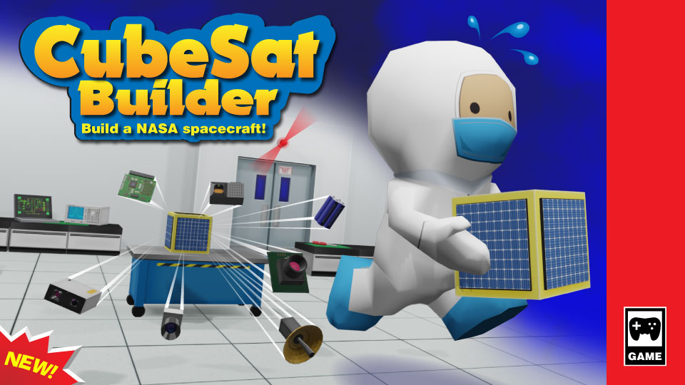 A gamebox cover for the game CubeSat Builder. An engineer is running around a clean room holding a CubeSat box.
