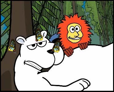 Cartoon polar bear and monkey, surrounded by butterflies.