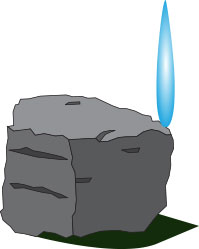 Cartoon lump of coal burning with blue flame.